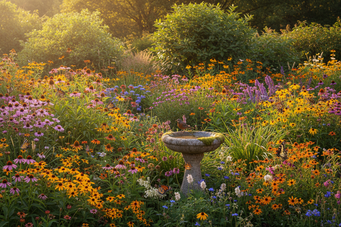 A beautiful rewilded backyard garden with native wildflowers and pollinators