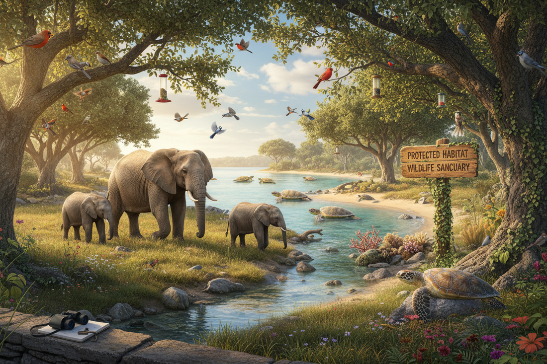 Wildlife including elephants, sea turtles and birds in their natural protected habitat