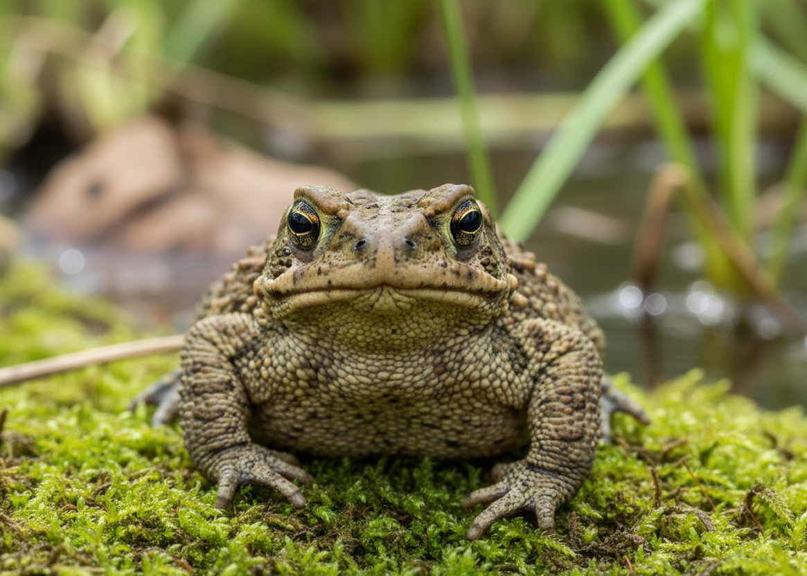 Common European Toad with warty brown skin on moss