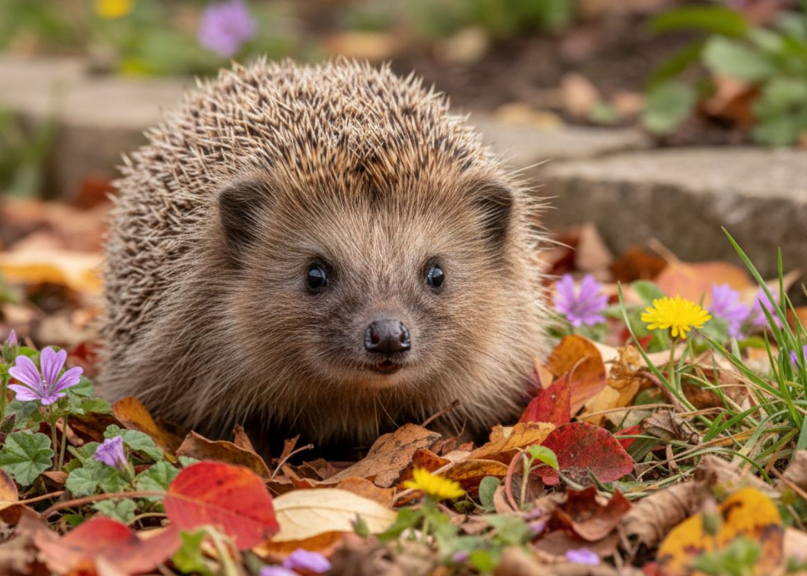 European Hedgehog in natural garden setting with brown spines