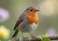 European Robin with distinctive orange-red breast perched on branch