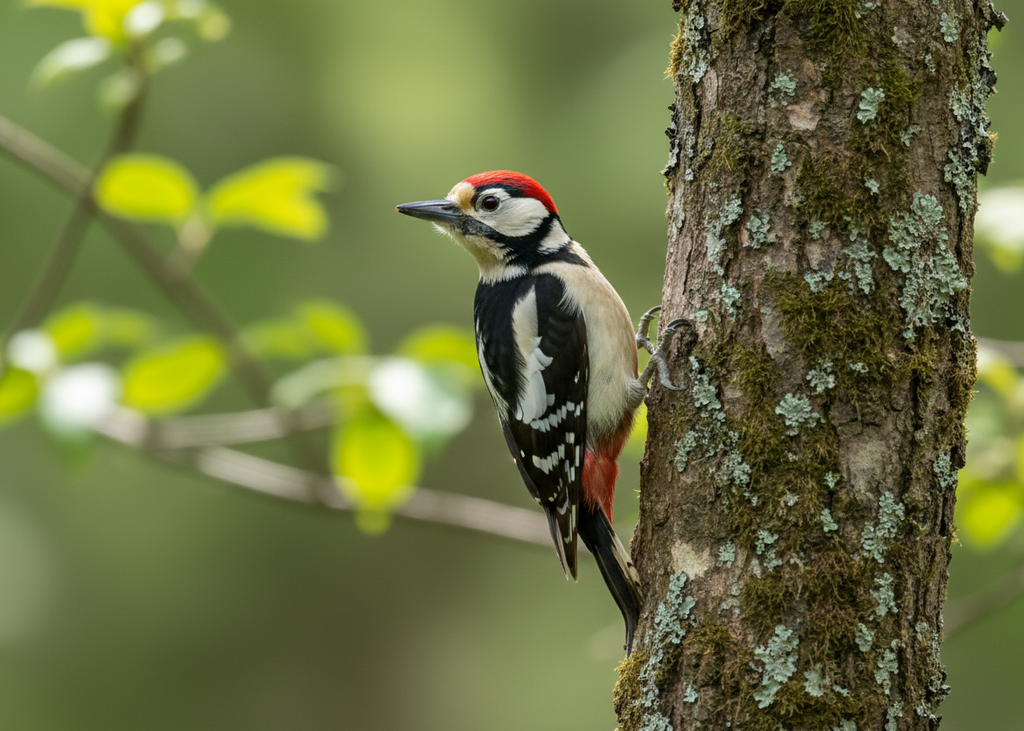 Great Spotted Woodpecker on tree trunk with red cap and black-white plumage