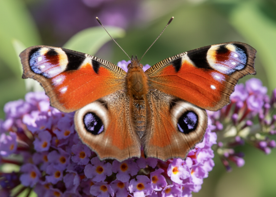 Peacock Butterfly with distinctive eye-spot pattern on purple flower