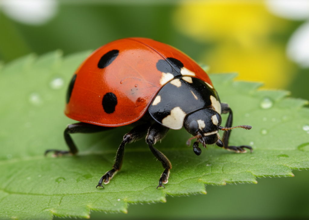 Seven-Spot Ladybird beetle on green leaf with red wing covers