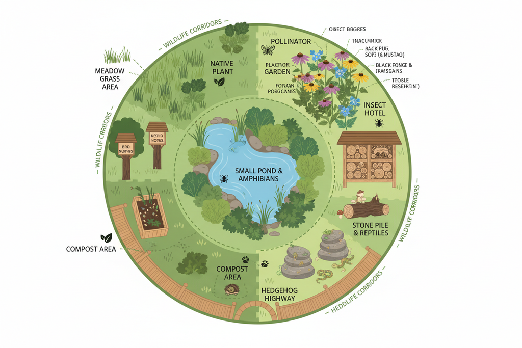Rewilding ecosystem diagram with wildlife habitats