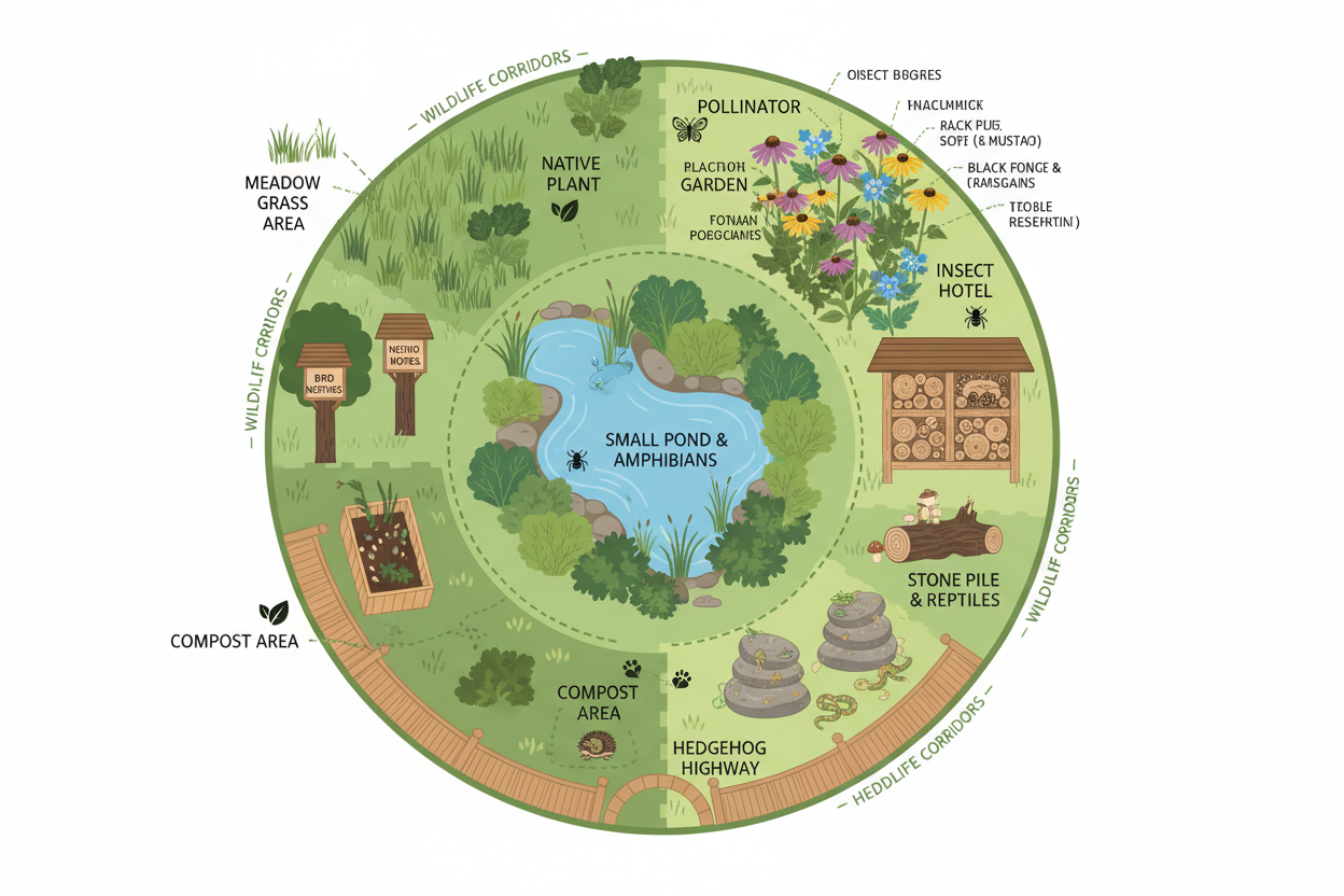 Rewilding ecosystem diagram with wildlife habitats