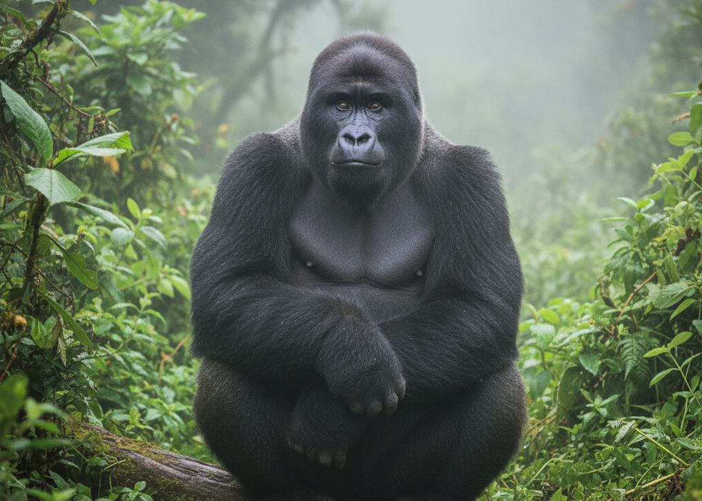 Mountain Gorilla in Misty Forest